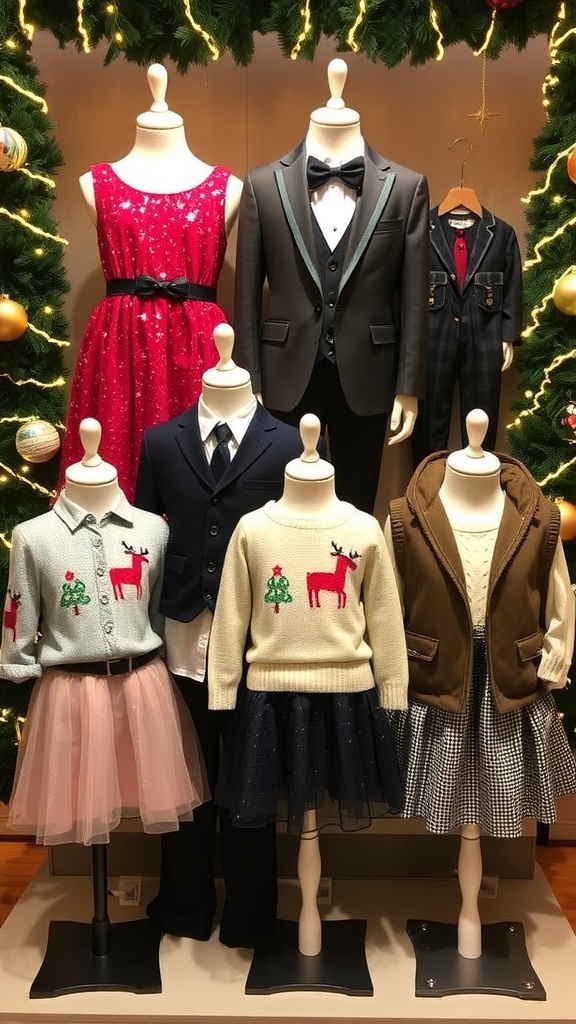 Stylish Christmas party outfits for 10-year-olds including dresses, suits, and casual looks displayed with holiday decorations.